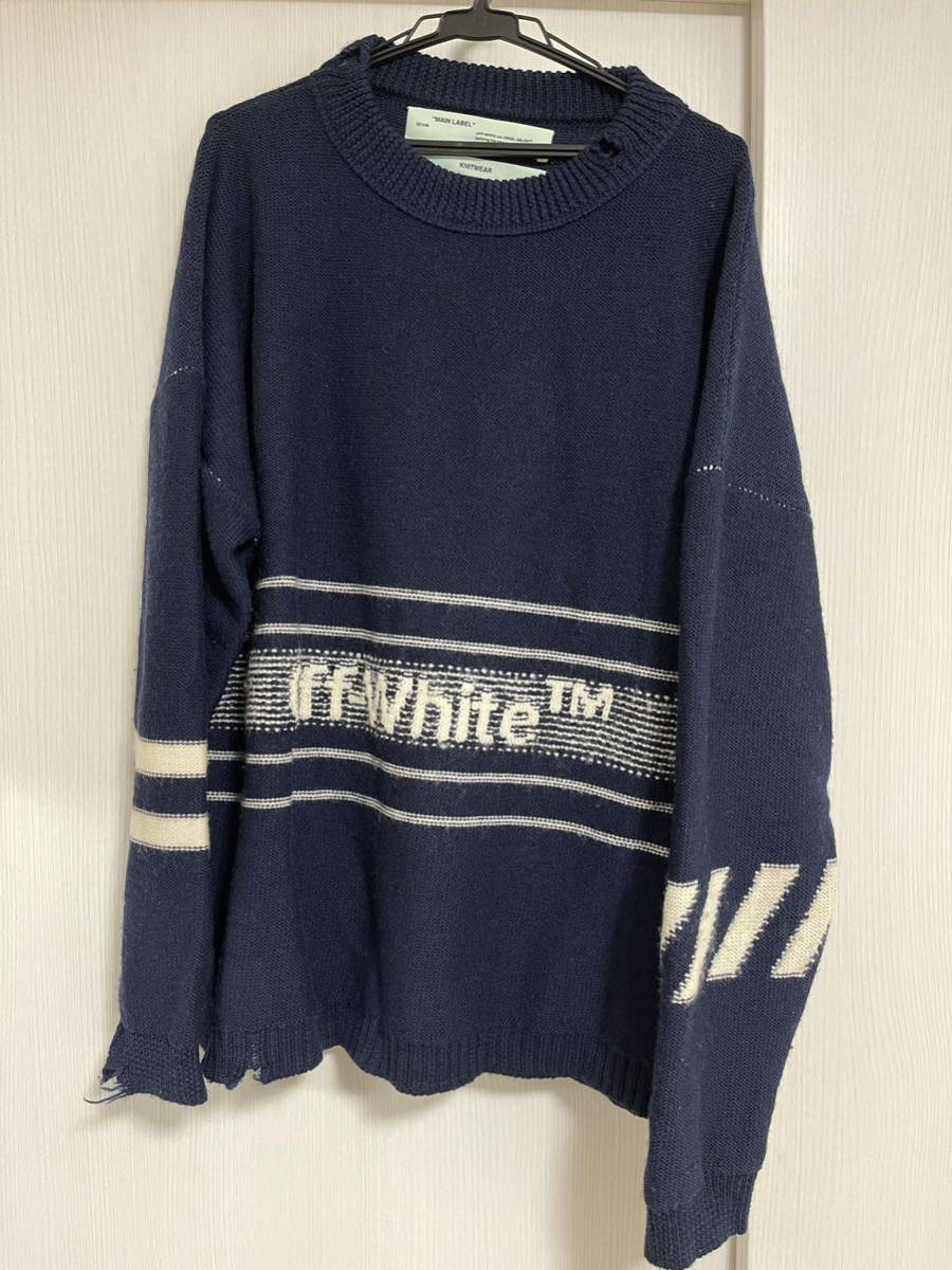 【低価，本物保証】 Off-White NAVY INTARSIA LOGO sweater オフホワイト ダメージ加工 オーバーサイズ ロゴ セーター ニット(Mサイズ)｜売買されたオークション情報、yahooの商品情報をアーカイブ公開 - オークファン Mサイズ