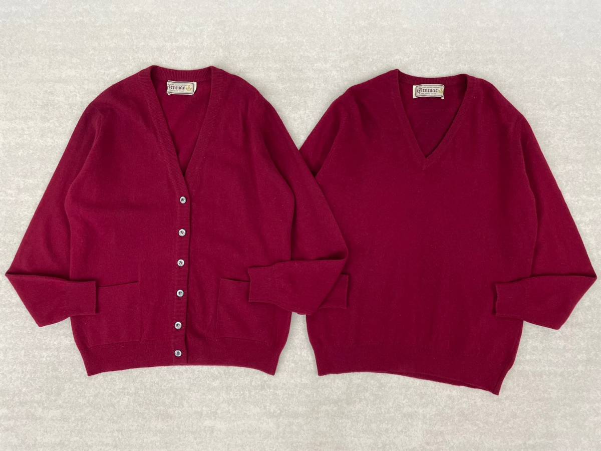 We094 英国製Glenmac グレンマック 2点セット アンサンブル ジーロンラムズウール100% カーディガン セーター ワインレッド レディース