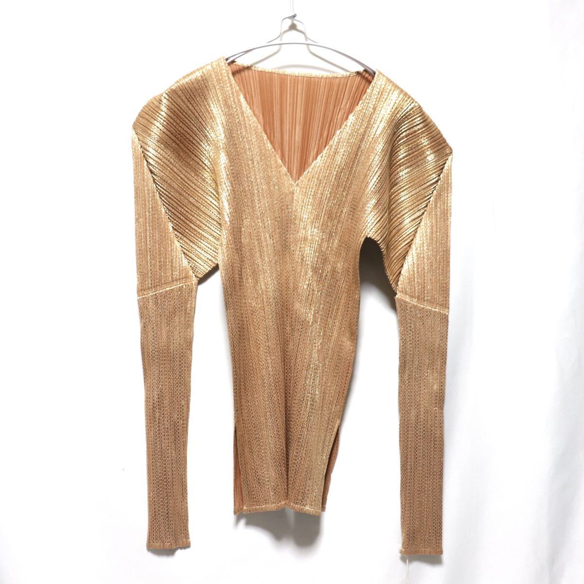 タグ付【pleats please issey miyake】ゴールド 箔プリント/プリーツ 