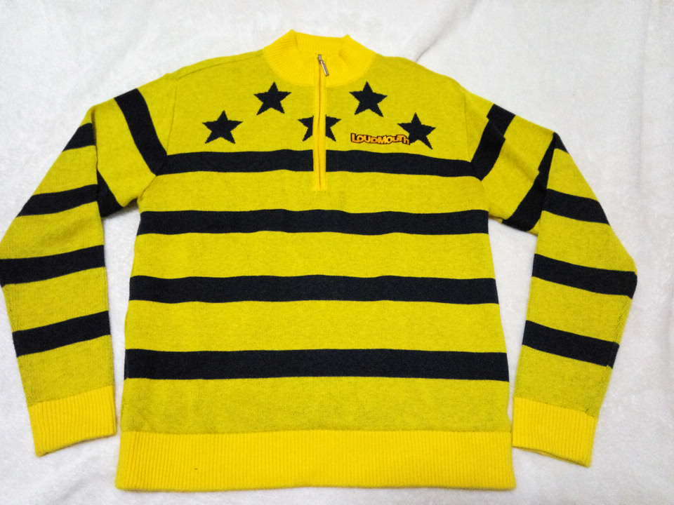 LOUDMOUTHラウドマウス　USA星条旗ボーダー星柄ハーフジップメンズセーターニットジャケットネイビーイエロー内側蓄熱保温素材サイズM