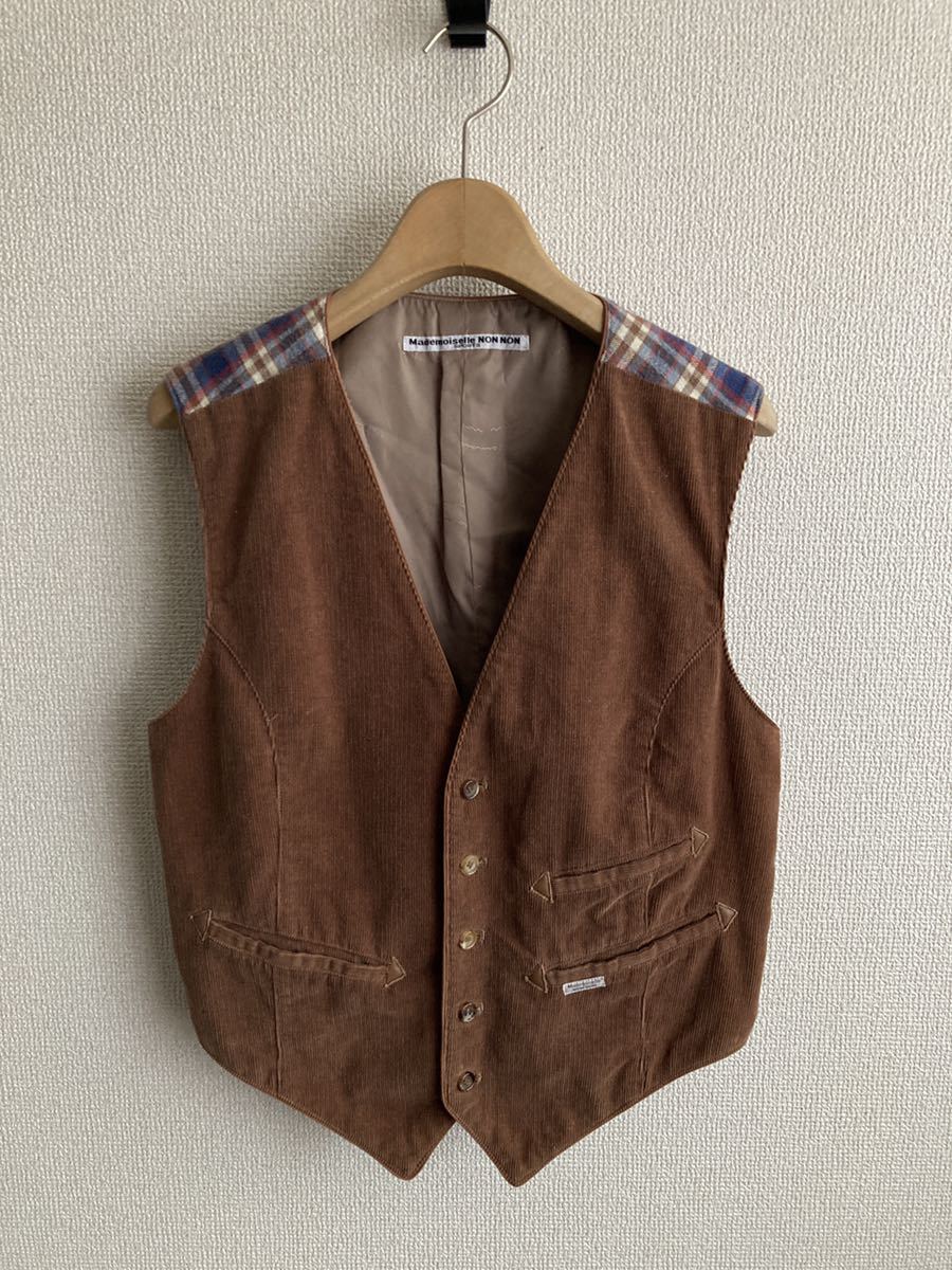 【Mademoiselle NON NON】ジレチョッキ 異素材切替 コーデュロイ&フランネル 秋冬ベスト マドモアゼルノンノン Papas