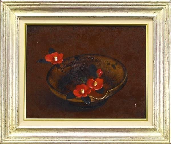 【真作】【WISH】九鬼三郎「魯山人に椿」油彩 6号 ◆古陶に椿花 　　〇古陶と花人気画家 伊シエナ美術館日伊美術教授 #22103328