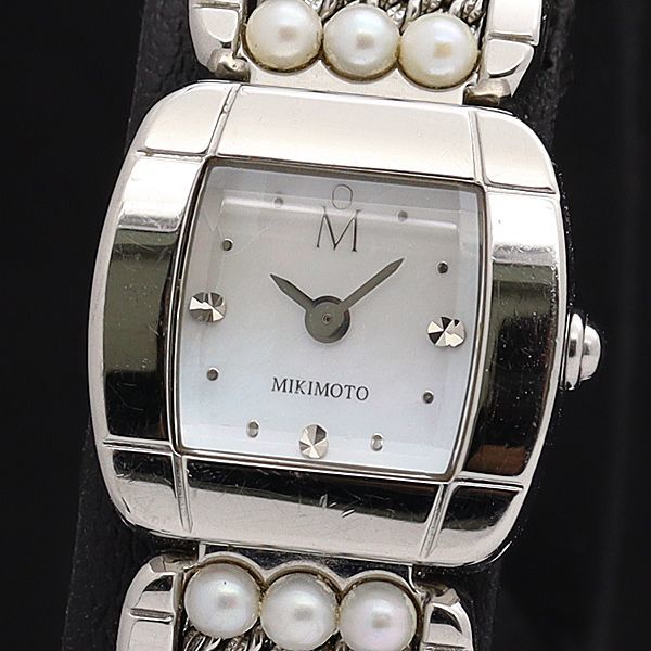 1円 稼働 良品 ミキモト QZ ホワイトシェル文字盤 スクエア フェイクパール レディース腕時計 XYZ2000000★