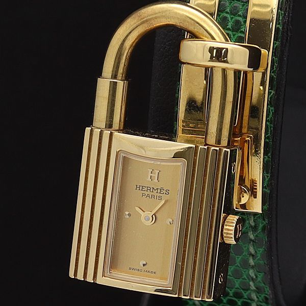 1円 稼働 良品 箱/保証書付 エルメス QZ ケリーウォッチ スクエア ゴールド文字盤 レディース腕時計 1291400◇