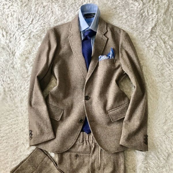 584 最高級カシミヤタッチ　上品な質感キャメルツイード素材★今期トレンド エディフィス購入　英国調フランネルジャージースーツ
