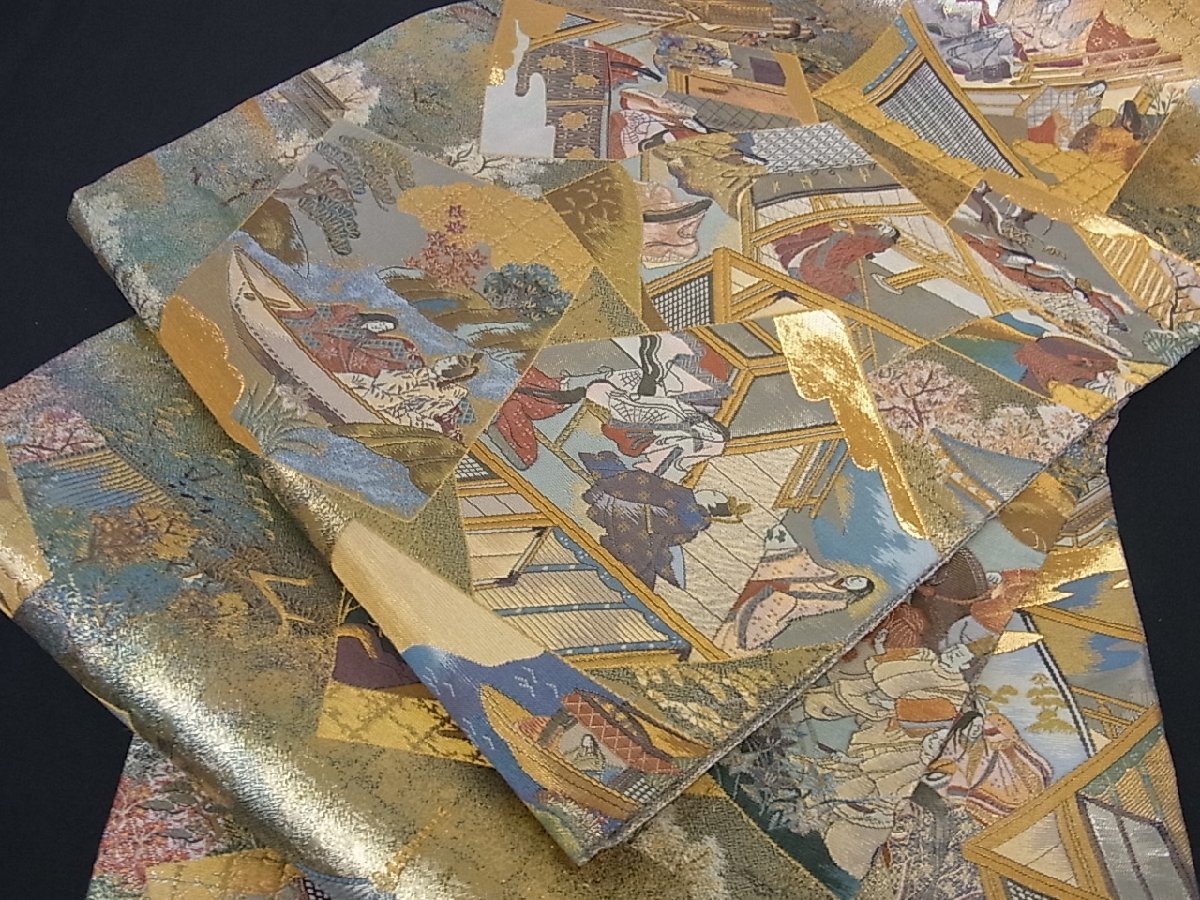 花美人着物□極上 西陣あさぎ 丸帯 平安雅祭礼図 金銀糸 逸品 ps2822