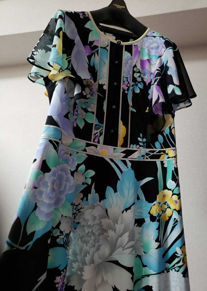 未使用　2022年　レオナール　シースルーフリル袖ワンピース　42