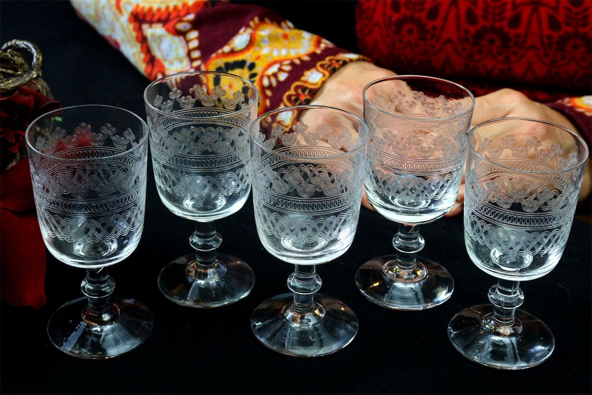 1920年頃 BACCARAT 5本 CHOISY LE ROI Guilloche M オールドバカラ 仏アンティーク ビンテージワイングラス クリスタルガラスセット 硝子