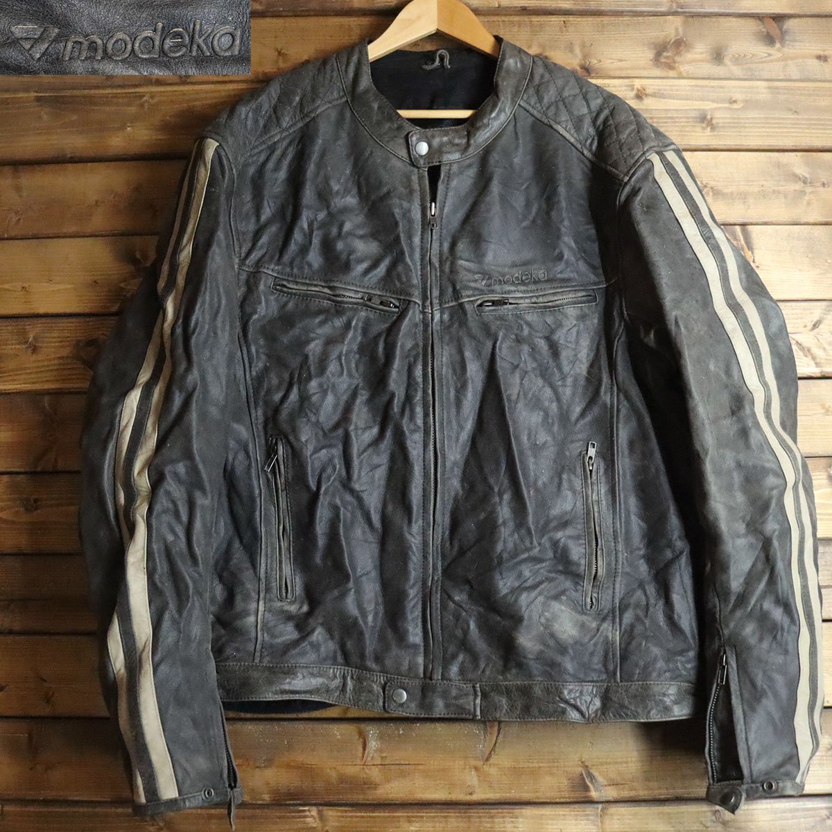 C4T/T12.20-5　modeka　袖ライン　シングルライダース　本革　5XL　ビッグサイズ　レザージャケット　革ジャン　皮ジャン