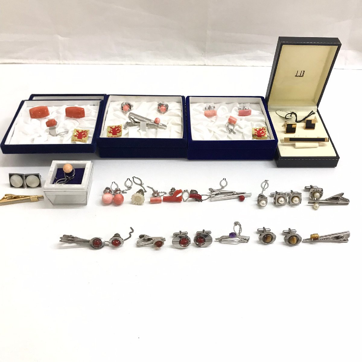 中古品 christianDior ディオール タイピン GP DURBAN ダーバン カフス dunhill ダンヒル 珊瑚 ピンク 赤 白 花型 パール 計28点