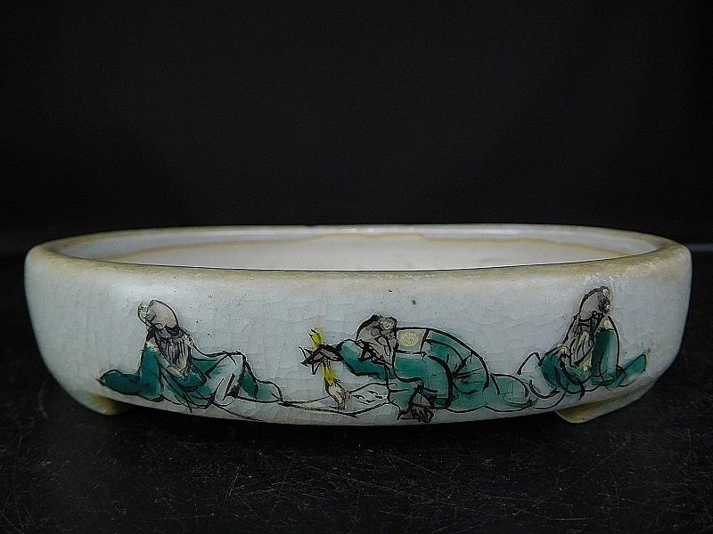 【盆栽 樂屋】◆品野茶山画 市之倉石州・光峰 染付人物図楕円鉢 A71 (希少なコラボ作品)◆1/17