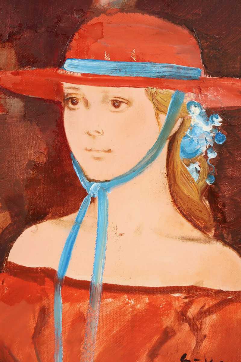真作 中島裕子 油彩「赤いハット」画寸16×23cm SM 京都府出身 二科会