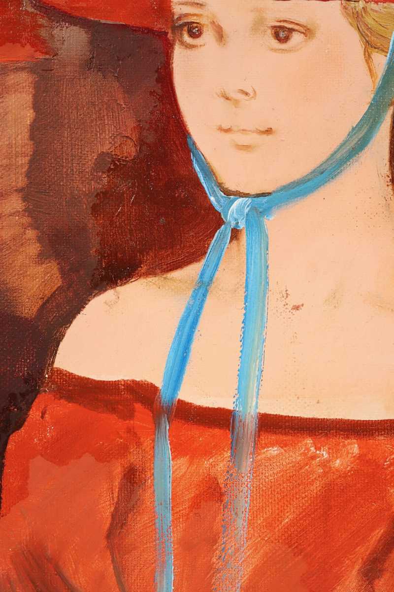 真作 中島裕子 油彩「赤いハット」画寸16×23cm SM 京都府出身 二科会