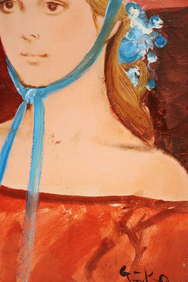 真作 中島裕子 油彩「赤いハット」画寸16×23cm SM 京都府出身 二科会