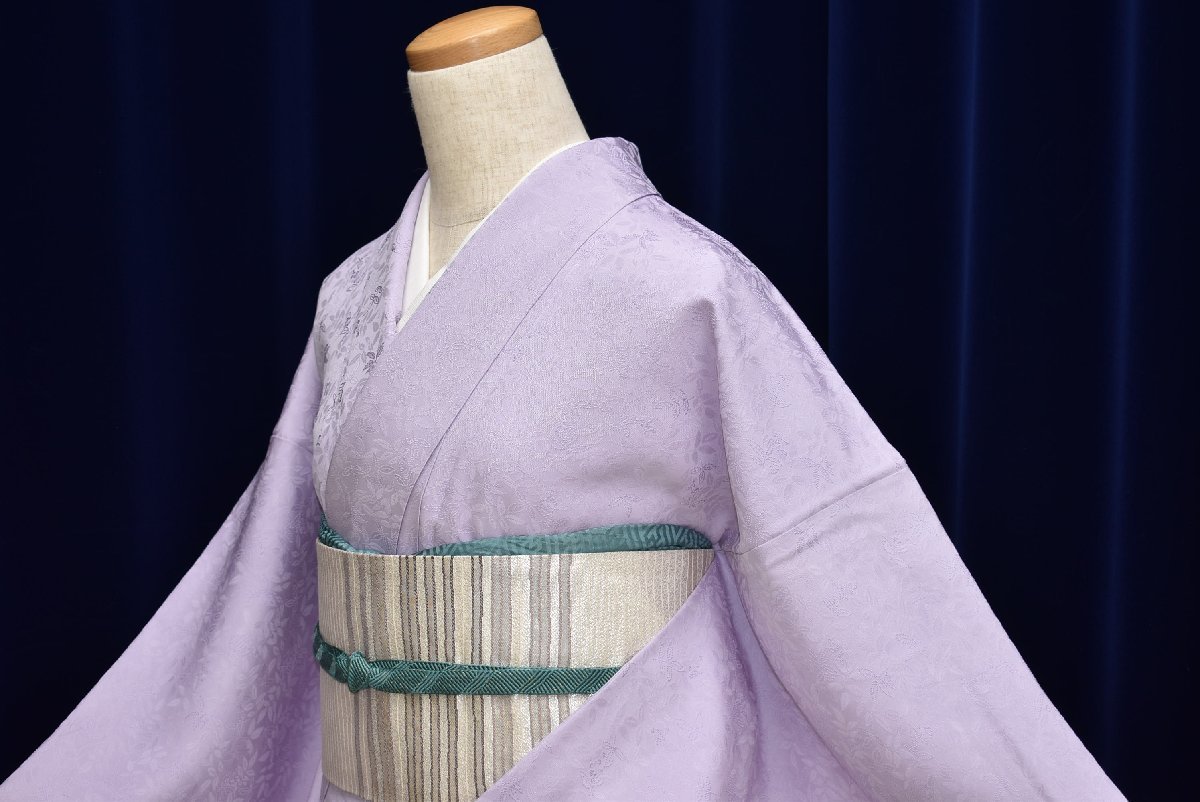 【ちどりや】1円開始　美品　正絹　色無地　袷　広衿　身丈164.5cm/裄68cm　L寸　紋無し　南天地紋　浅紫　G43