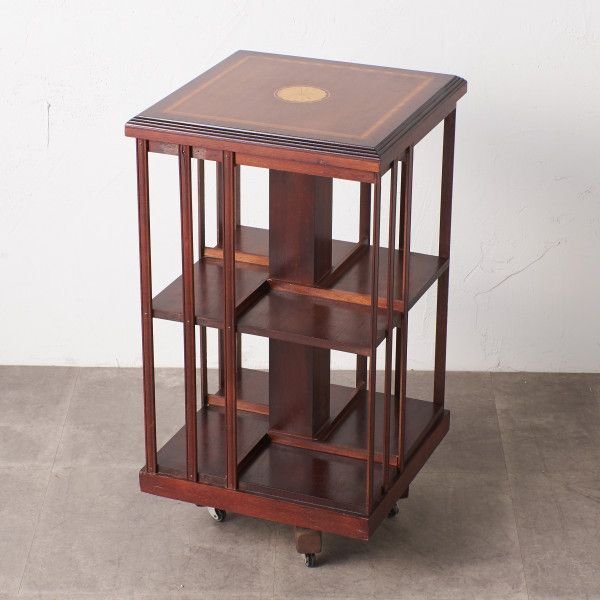 IZ64197F★英国 クラシック リボルビングブックケース 回転式 マホガニー 木象嵌 ブックシェルフ 飾り棚 本棚 書棚 木製 ブックケース 収納