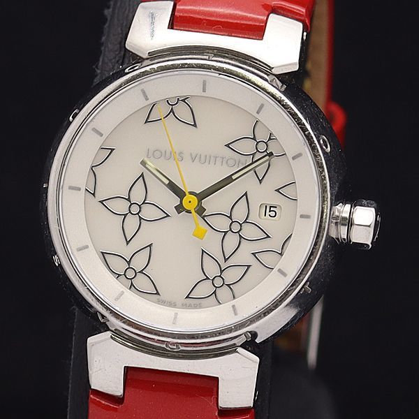 1円 稼働 良品 ルイヴィトン QZ Q121C タンブール ラブリーペルル ホワイトシェル文字盤 デイト ラウンド メンズ腕時計 0280500▼