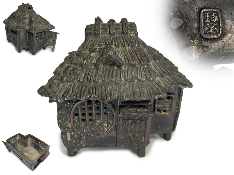 正規品，SALE 022【レトロ雑貨】 時代物 古銅 葛屋香炉 本間琢斎 在銘