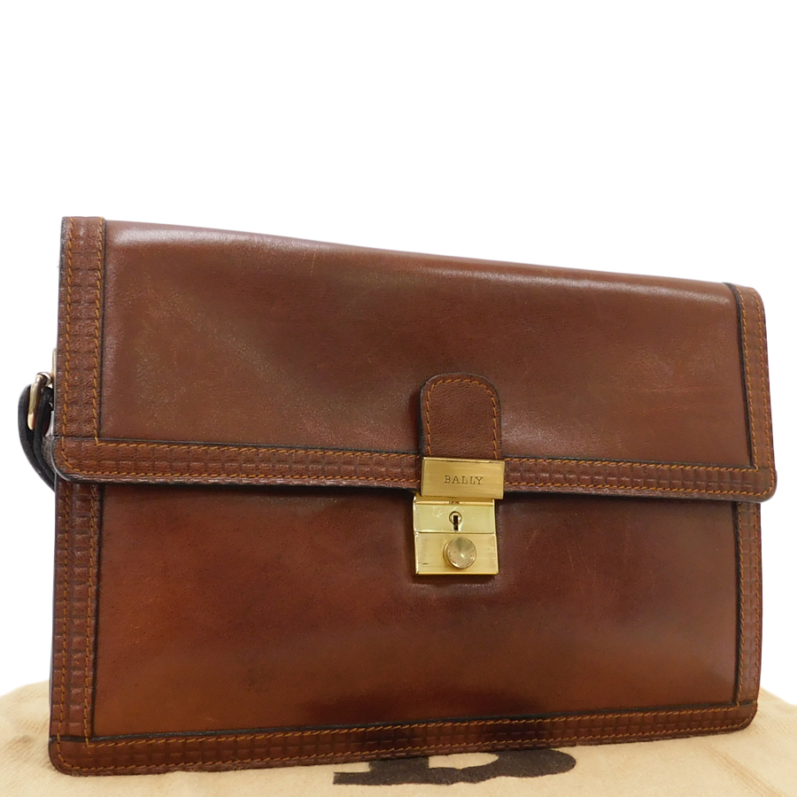 1円 ■ 極美品 バリー セカンドバッグ レザー ブラウン系 ビジネス 通勤 通学 おしゃれ BALLY ■ E.Bre.Gt-13