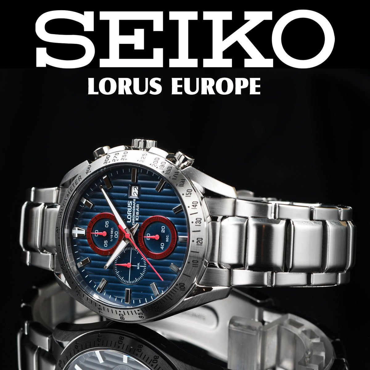 新品1円 セイコーLORUS 100m防水 1/10秒クロノグラフ 精悍ダークブルーメタリック 逆輸入 メンズ激レア日本未発売ローラスSEIKO