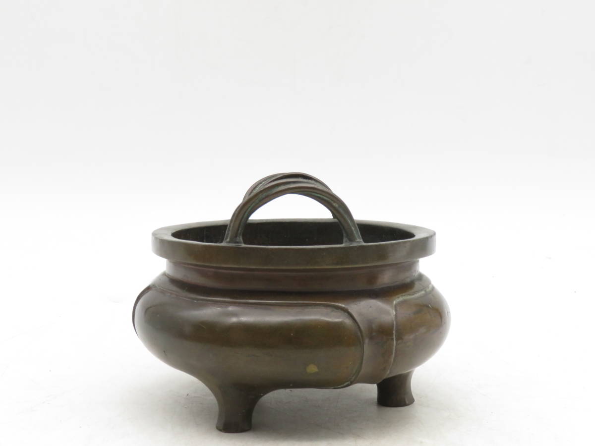 清末 古銅 宣徳橋耳方炉 大型香炉 大明宣徳年製 款 寺院銅爐 幅15cm