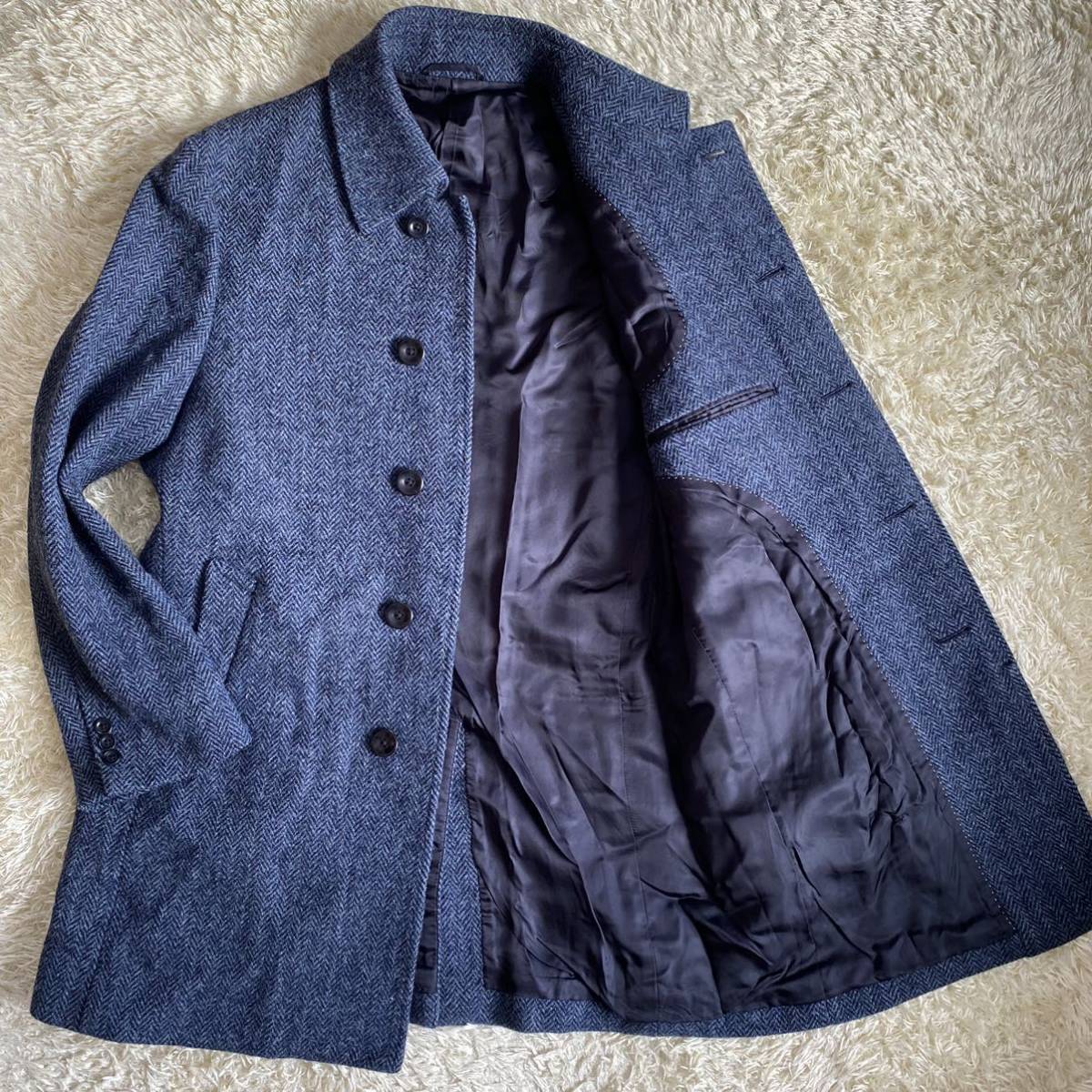 Harris Tweed ステンカラーコート 青系チェック Harris Tweed ステン