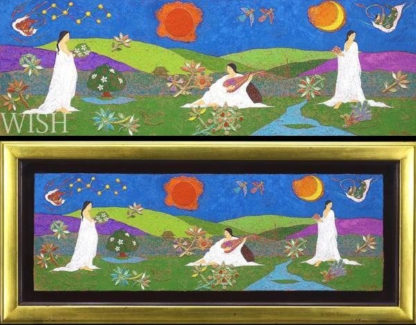 真作WISH金森良泰「若草薫風」板にフレスコ画 30号 大作 ◇三