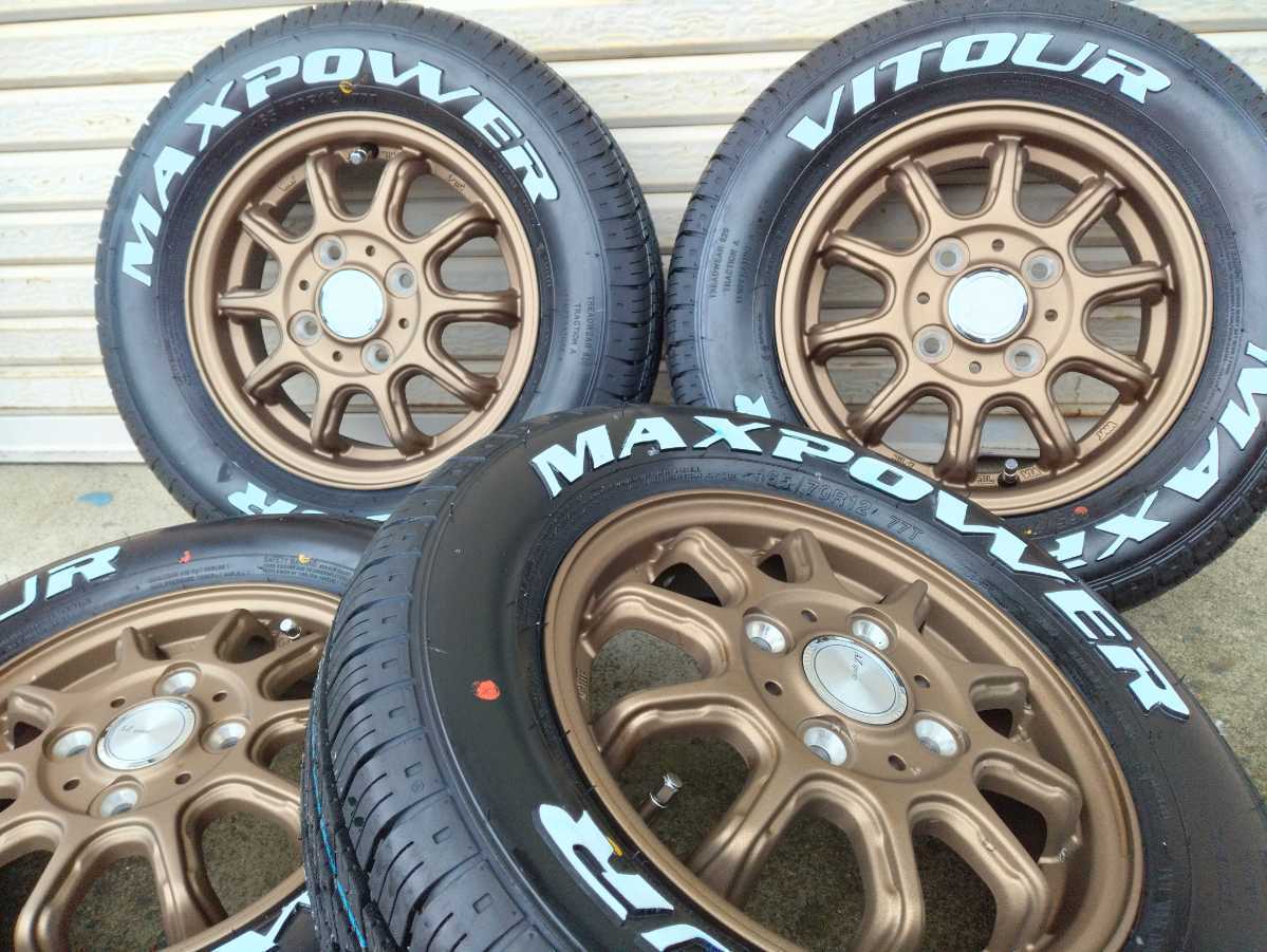 12インチアルミホイール 4穴100オフ45.VITOUR MAX POWER ホワイトレター 165/70R12 展示品.軽トラ.軽バン.軽 ...