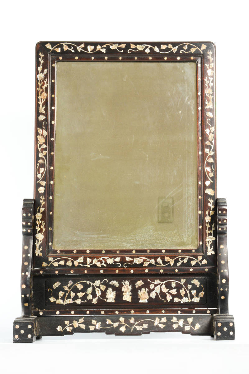 中国美術 清時代 花梨木 螺鈿嵌 双龍文 茶盤 引き出し付 書斎道具 李朝