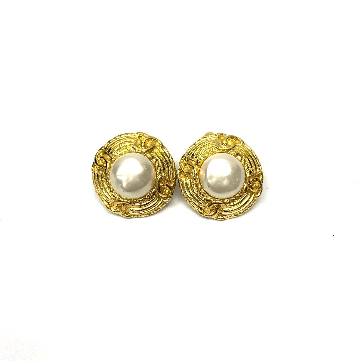 ◆美品 CHANEL COCO round fake pearl earrings GP シャネル ココマーク ラウンド フェイクパール イヤリング ゴールド