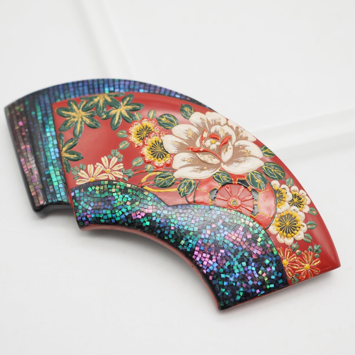 Y15 1円 アンティーク 本鼈甲 べっ甲 螺鈿細工 金彩蒔絵 花柄 朱塗り 扇面