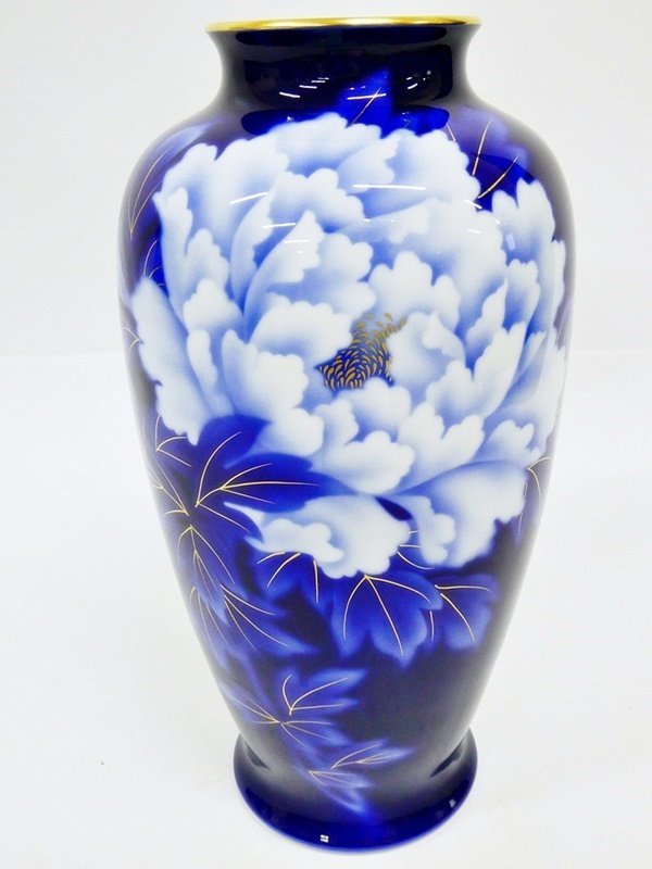 ☆ 深川製磁 瑠璃 ルリ 牡丹 花瓶 細長 花生 大花瓶 高さ約38cm