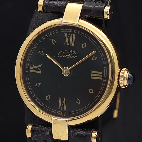 1円 稼働 美品 カルティエ QZ 590004 マストヴァンドーム SV925 ローマン ラウンド 黒文字盤 レディース腕時計 8238500▽
