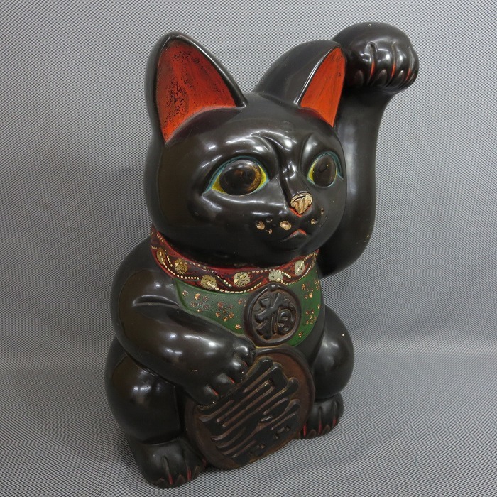 2☆古猫 黒招き猫 左手 百万両 縁起物 金運 商売繁盛 貯金箱 高42