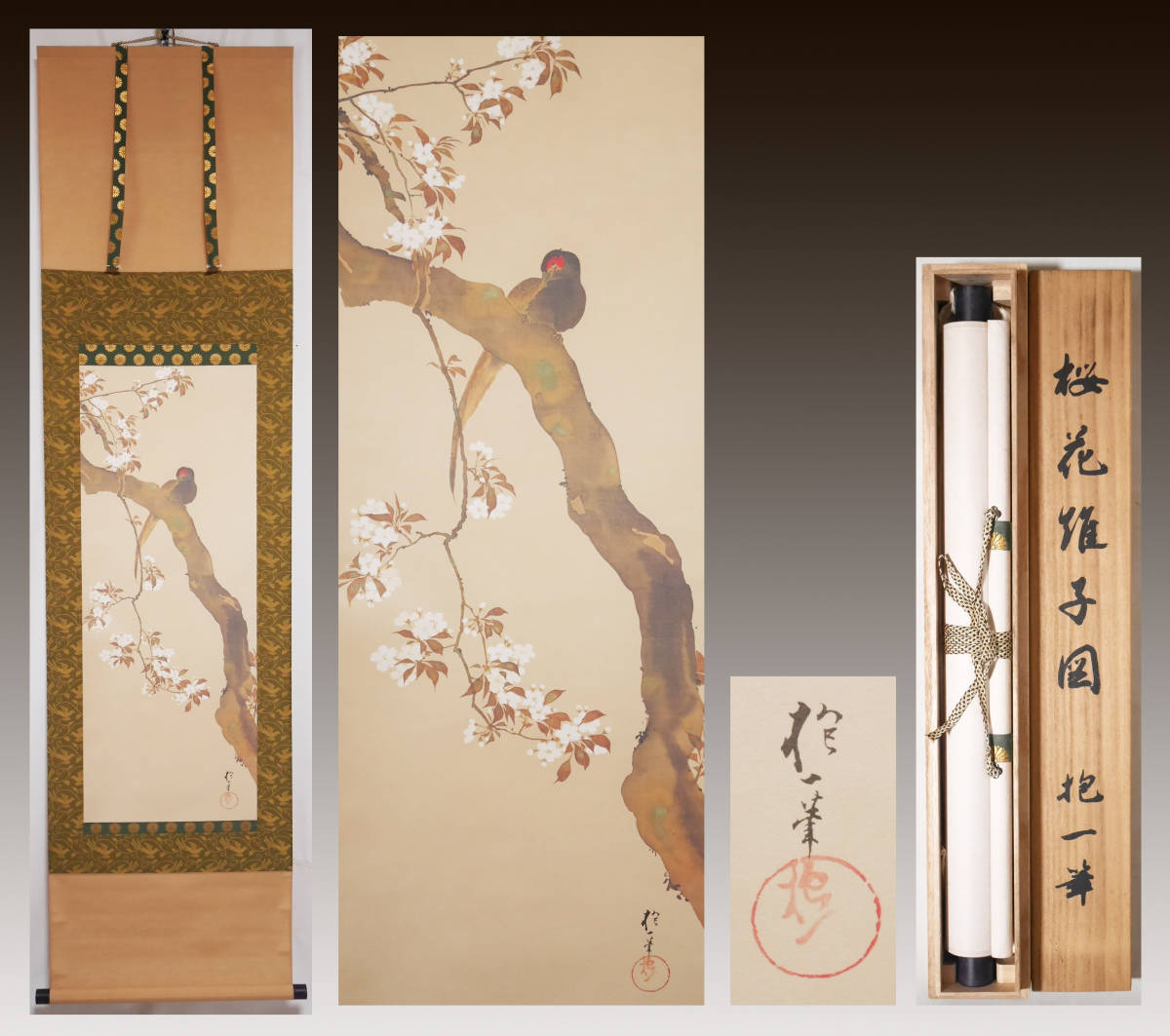 桜花雉子図 酒井抱一 掛軸 春軸工芸☆酒井抱一筆【桜花雉子図】○新