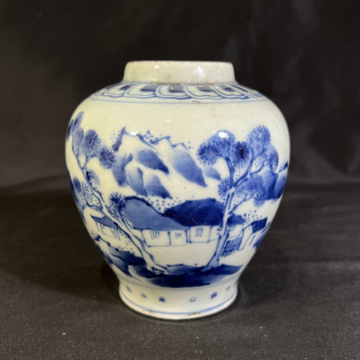 中国美術 青花山水紋小罐 高13cm (UN043)【梅花堂】