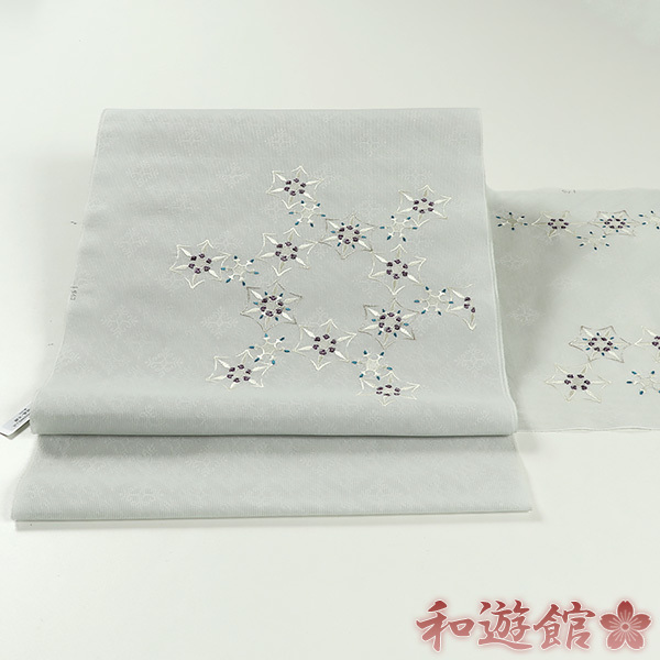名古屋帯 美品 秀品 八寸名古屋帯 松葉仕立て 桜 月 銀糸 灰色 正絹