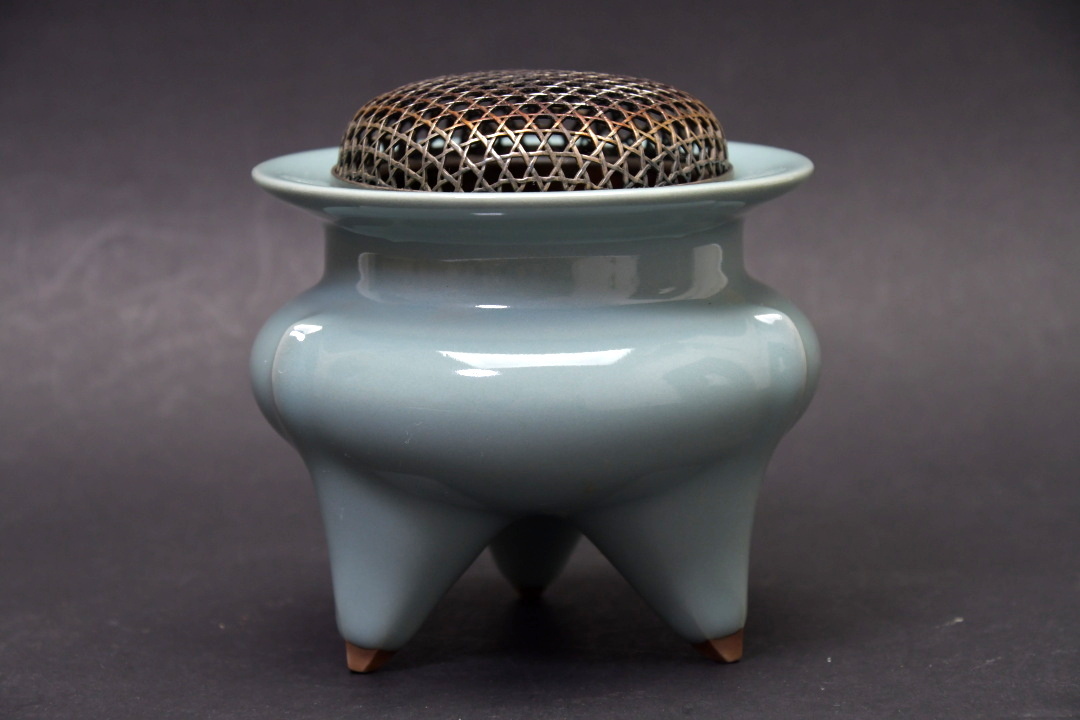 671 諏訪蘇山 青瓷袴腰香炉 銀ホヤ 純銀 刻印○ 青磁 茶道具 煎茶