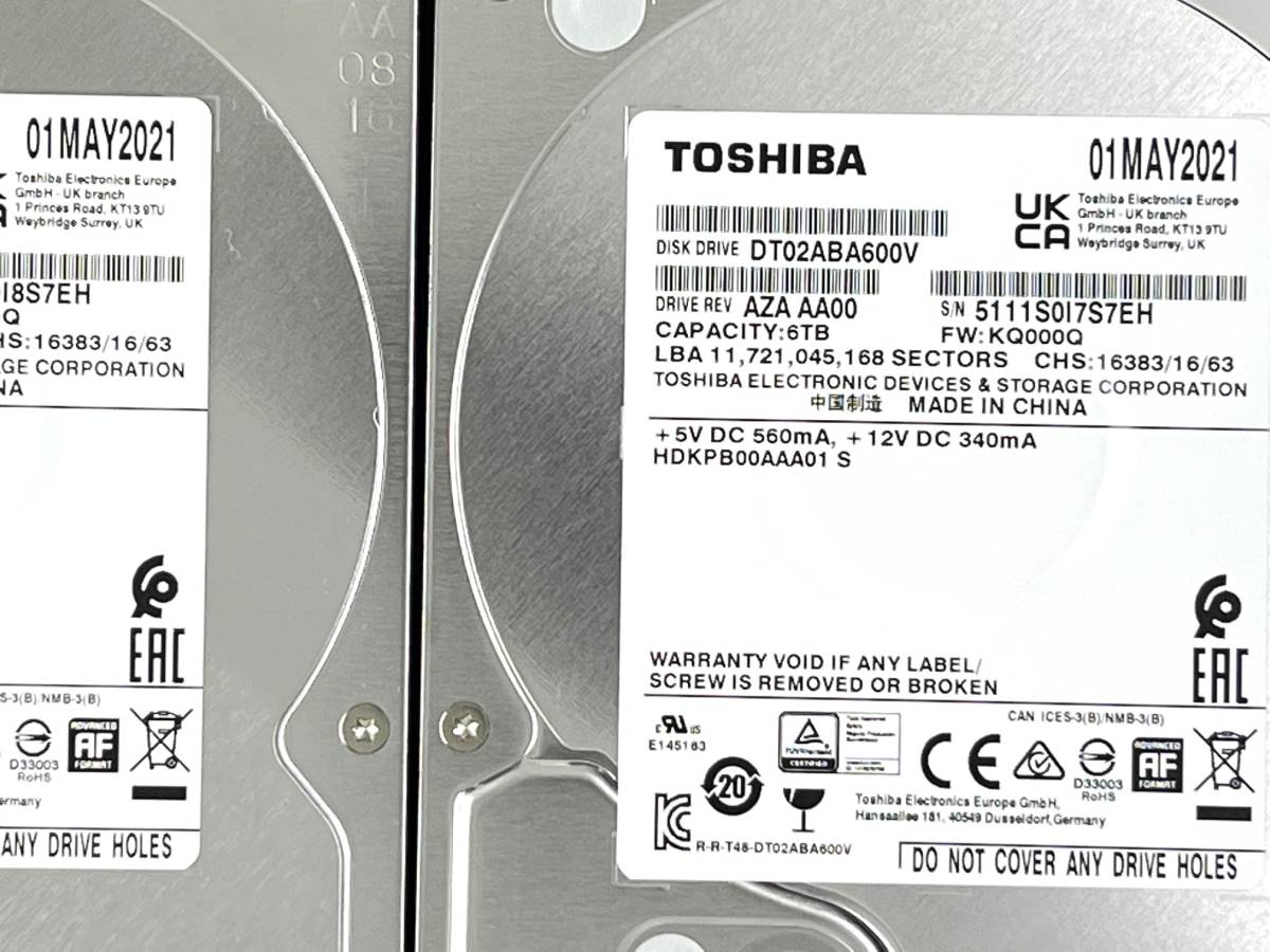 送料無料】 2個セット ☆ 6TB ☆ TOSHIBA / DT02ABA600V 【使用時間