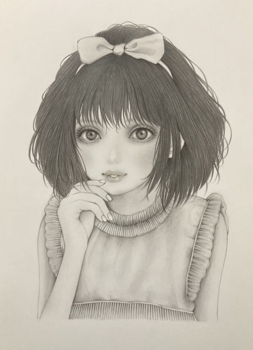 オリジナル手描きイラスト☆美少女☆A4鉛筆画／絵画／ドール／リボン