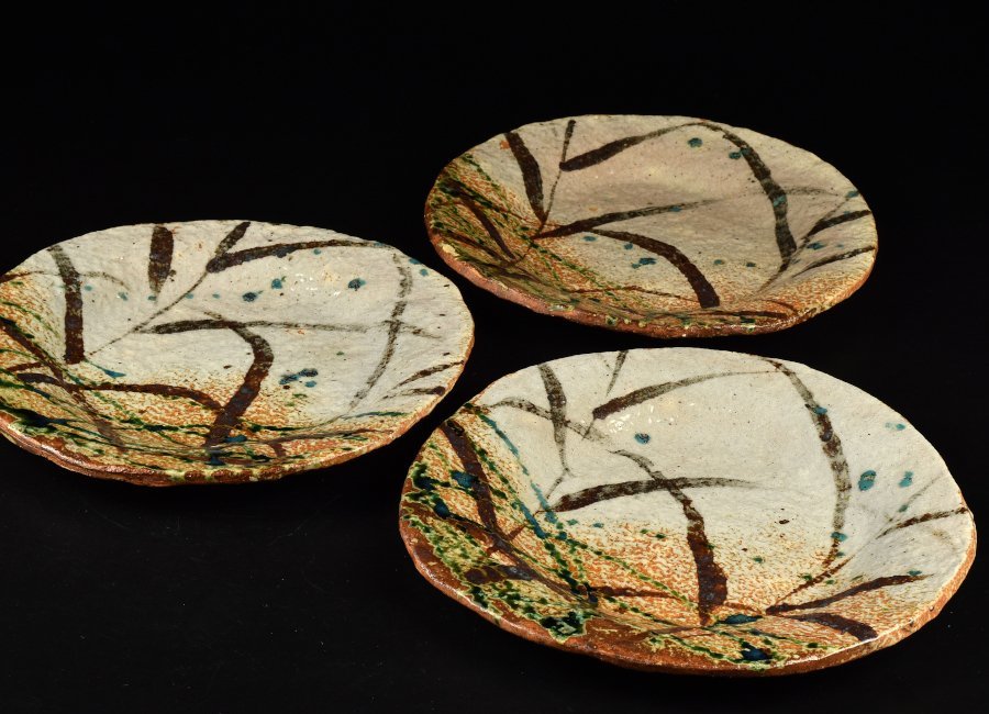 【蔵c8784c】信楽　緑釉　芒文　盛皿　八寸皿　三客　