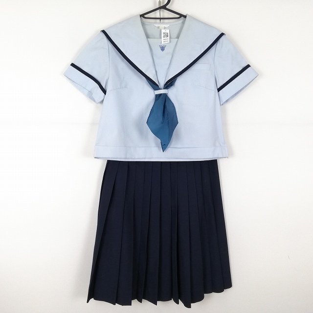 1円 セーラー服 スカート スカーフ 上下3点セット 155A 夏物 青1本線 女子 学生服 佐賀唐津東高校 水色 制服 中古 ランクC NA8935
