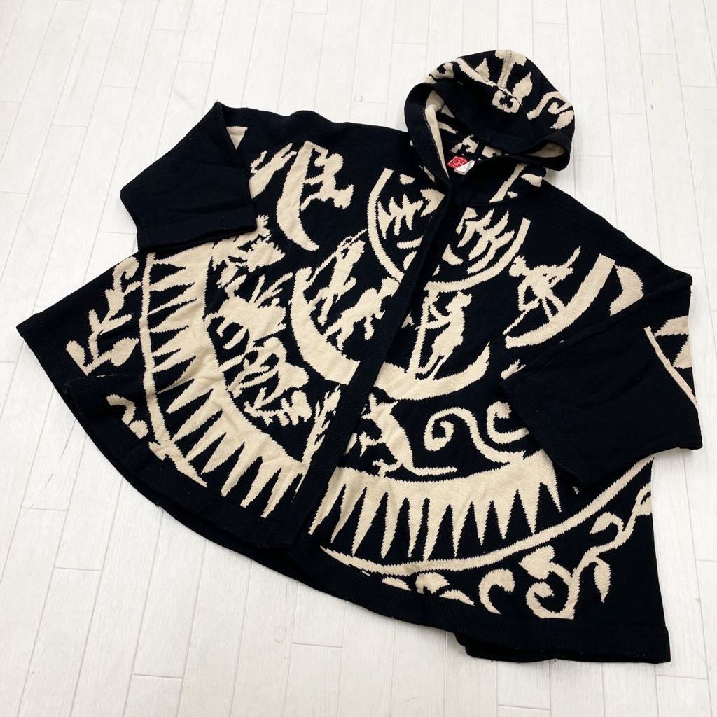 893★ CHACOK フランス製 ニット ジャケット 総柄 フードあり T2 レディース ブラック オフホワイト