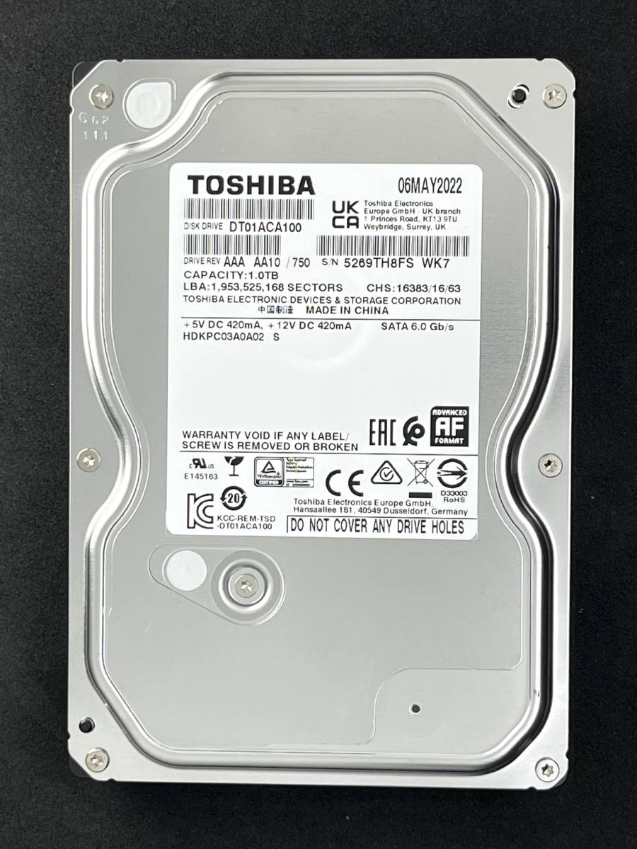 【送料無料】 ★ 1TB ★　TOSHIBA　/　DT01ACA100　【使用時間：4ｈ】　2022年製　新品同様　3.5インチ 内蔵HDD　SATA600/7200rpm　　