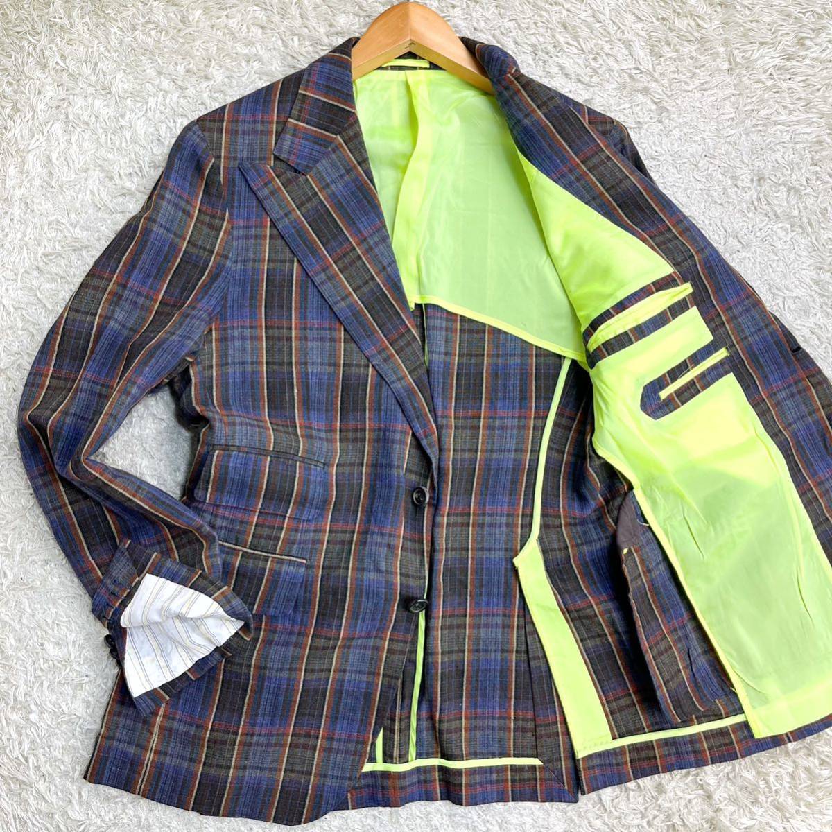 美品 52 XL相当 本切迫 GABRIELE PASINI ガブリエレパジーニ チェック柄 リネン混 麻 ウールブレンド ピークドラペル テーラードジャケット