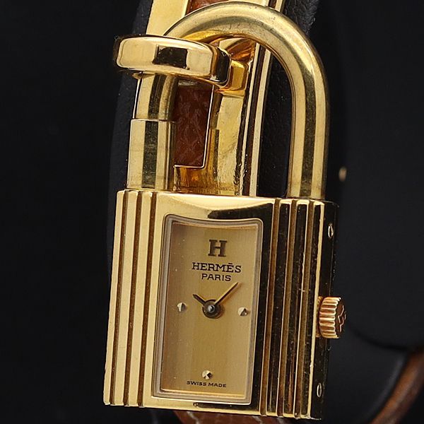 1円 エルメス QZ ケリーウォッチ スクエア スイス製 ゴールド文字盤 レディース腕時計 6085200▽
