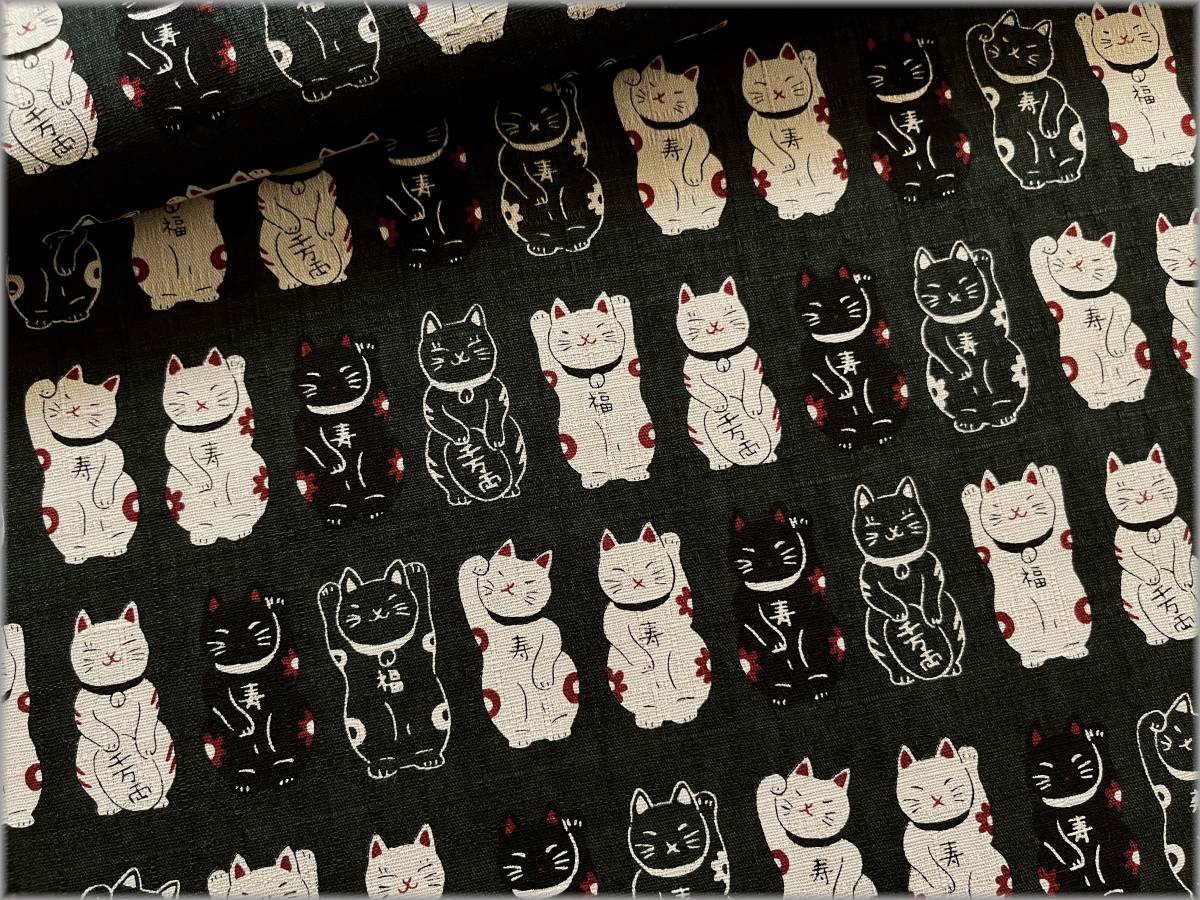 mets★5m*招き猫*ネコ和柄*ドビー*黒緑green*コットン*生地82E