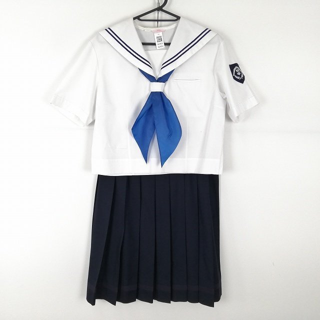 1円 セーラー服 スカート スカーフ 上下3点セット 170A 大きいサイズ カンコー 夏物 青2本線 女子 千葉牧之原中学 白 中古 ランクC NA9954