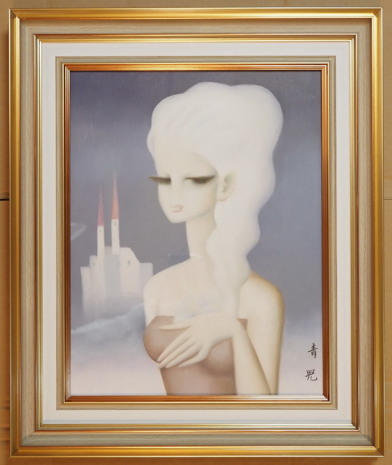 □ 日本 人物像・少女 赤い尖塔 F6号画作 東郷青児 額縁付き 中古絵画