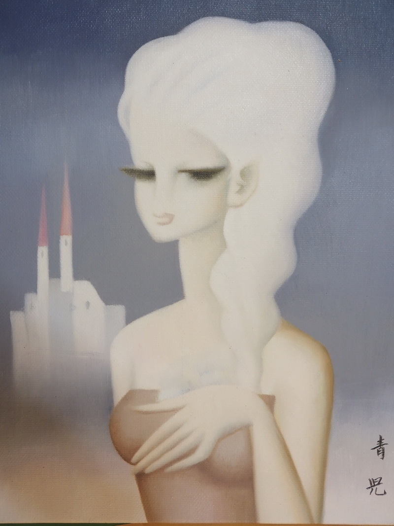 □ 日本 人物像・少女 赤い尖塔 F6号画作 東郷青児 額縁付き 中古絵画